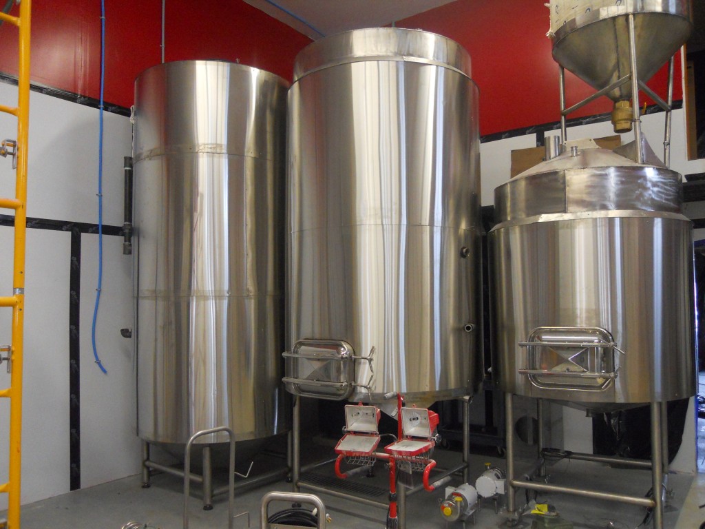 The brew house. From left; hot liquor tank, brew kettle/ whirlpool combination, mash tun 